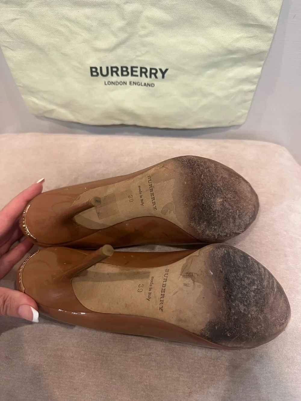 Burberry Patent Peep-Toe Stiletto in Brown